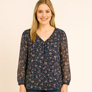 Floral chiffon Navy V neck Long Sleeve Babydoll blouse Size Med